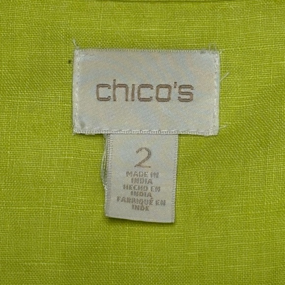 Chicos Easy Linen Jacket Chartreuse Green Open Drape Front Roll Tab Sleeve - Picture 9 of 12